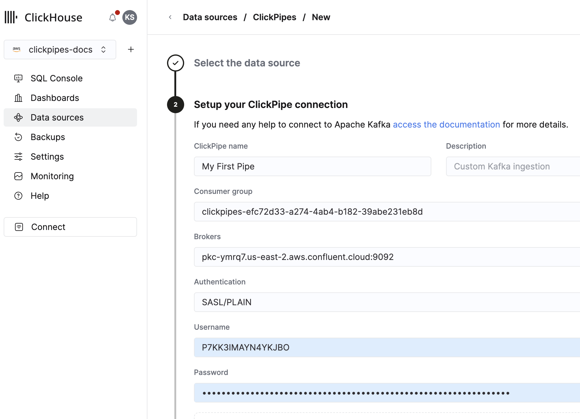 Заполните параметры подключения